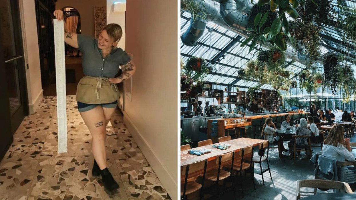 Woman holding up a long receipt. Right: A restaurant full of plants and people in LA.
