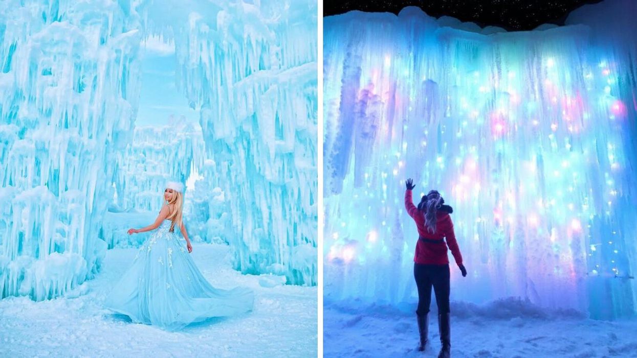 Woman in a blue dress by the Ice Castle. Right: Ice Castle wall.