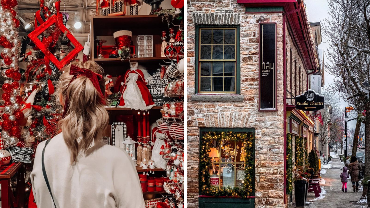 Woman in a Christmas store full of decorations. Right: A small town building with twinkly lights.
