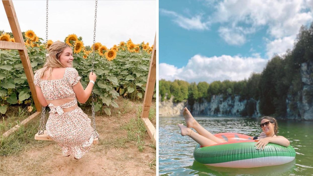 Woman in a dress swinging by a sunflower field. Right: Woman floating in a tube in Elora, Ontario.