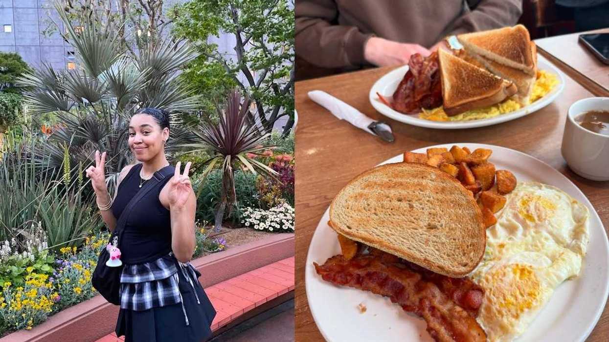 Woman in a garden while holding up peace signs, surrounded by greenery, Right: Two breakfast plates at Father and Sons with eggs, bacon, toast, and home fries served on a table.