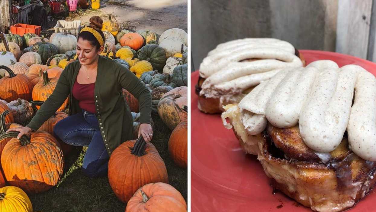 Woman in a green sweater surrounded by pumpkins. Right: Pumpkin cinnamon buns.