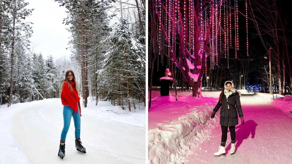 Woman in a red sweater skating. Right: Woman skating under an illuminated tree.