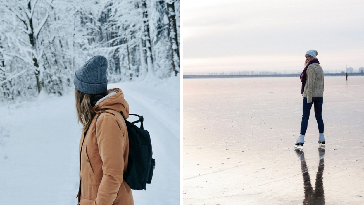 Woman in a snow-covered forest. Right: Woman skating on an Ontario lake.
