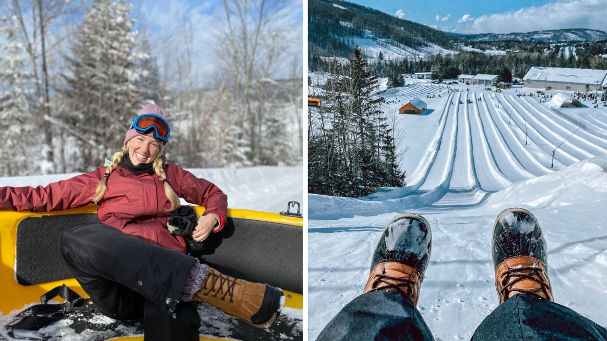 Woman in a Tornado snow raft. Right: Snow-covered slopes on a giant tubing hill.