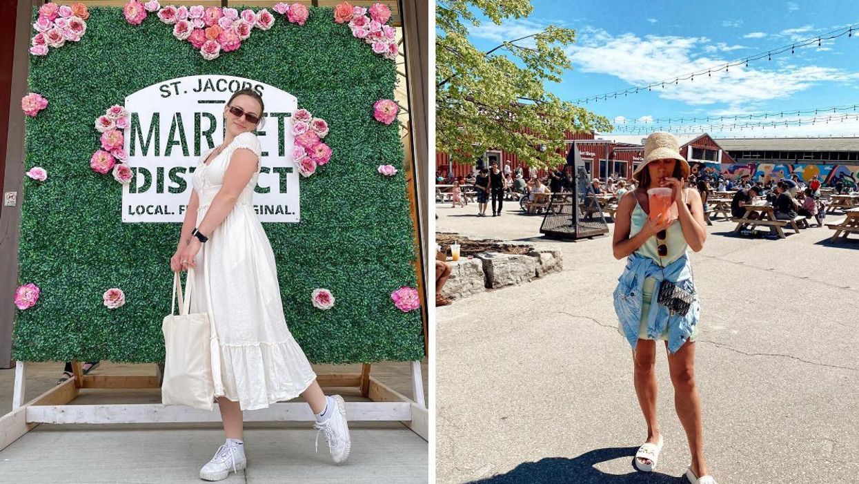 Woman in a white dress by a floral sign. Right: Woman sipping a drink in a market.