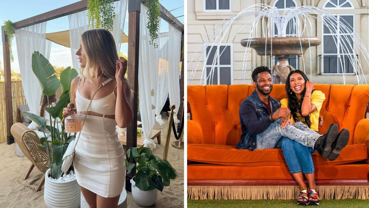 Woman in a white dress standing by a beach cabana. Right: Two people sitting on the couch from 'Friends'.