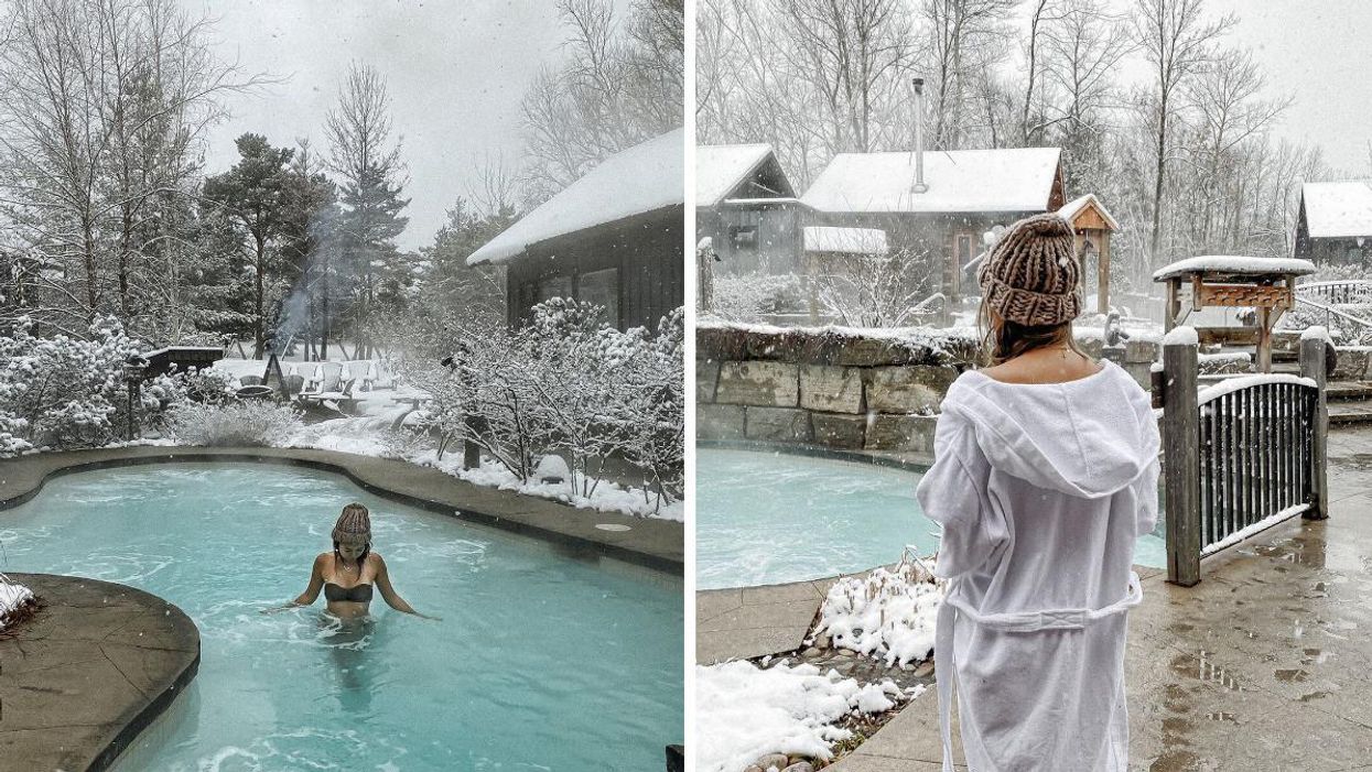 Woman in an Ontario spa hot tub surrounded by a light layer of snow.