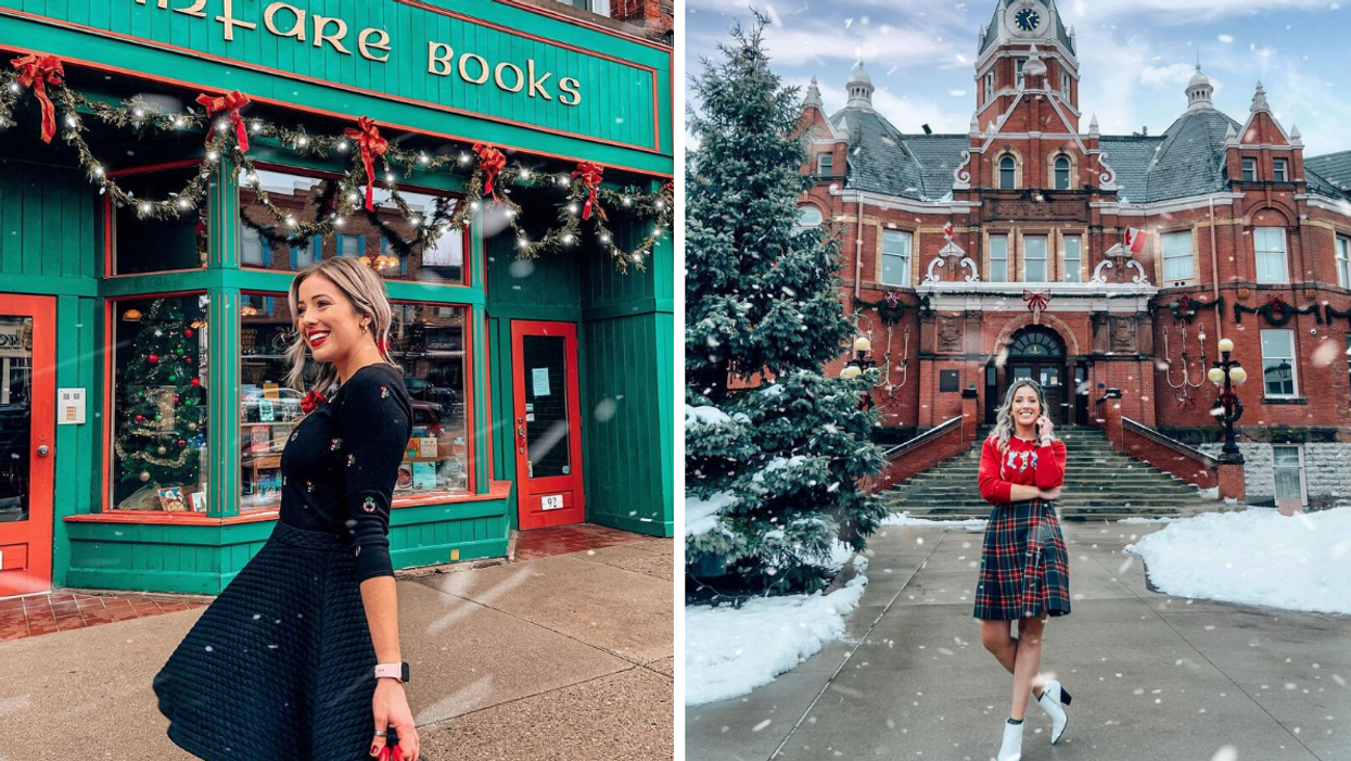 Woman in front of red and green bookstore. Right: Holiday decorations in Stratford.