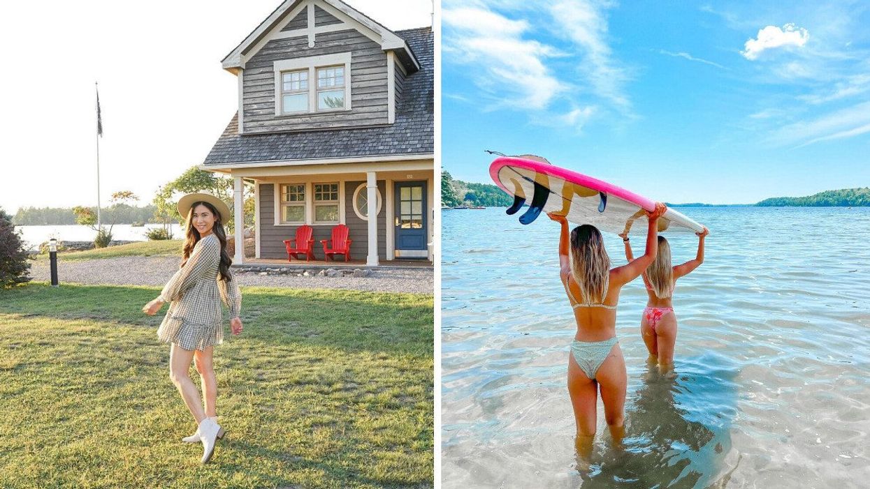 Woman in Muskoka, Ontario. Right: Two women walking into a lake.
