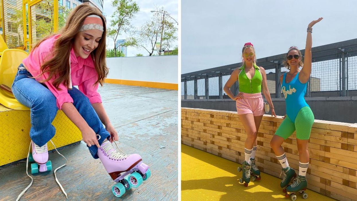 Woman lacing up pink roller skates. Right: Two woman dressed in colourful clothing roller skating.