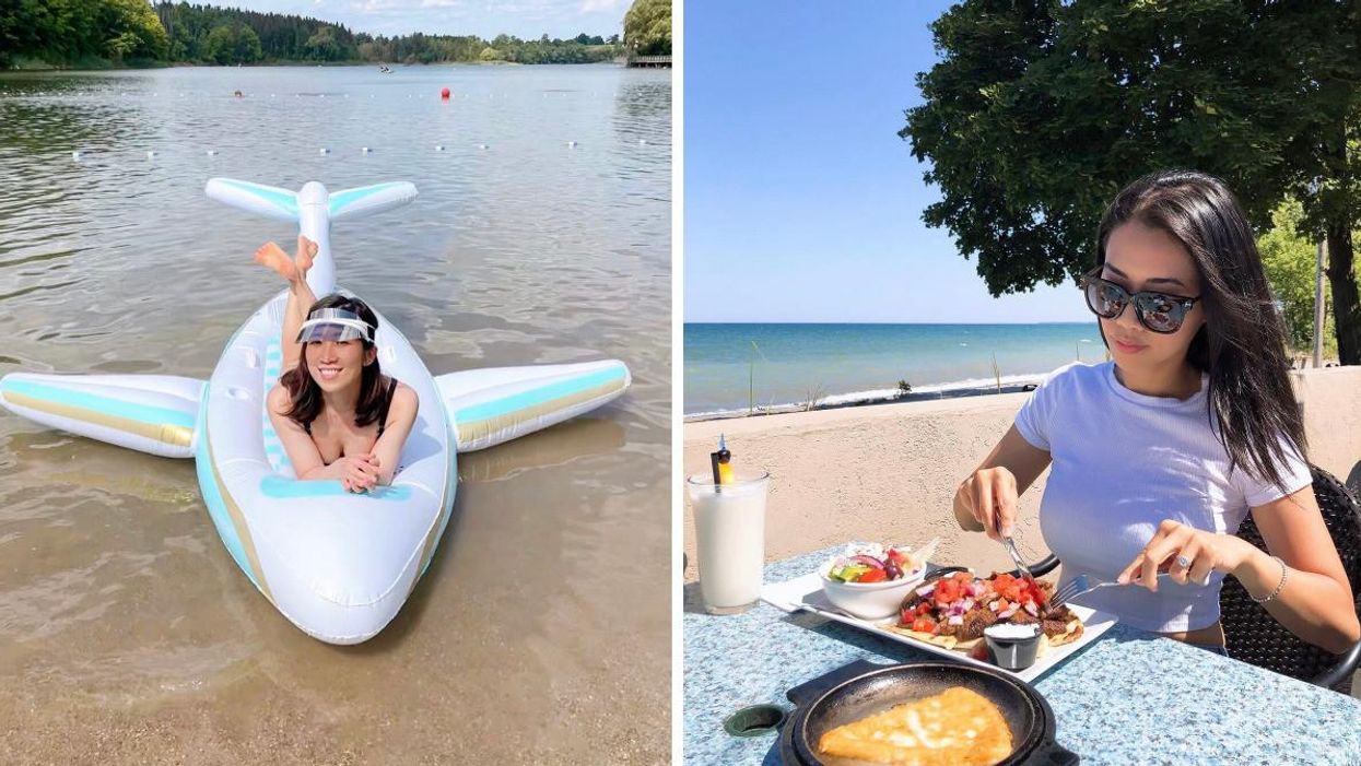 Woman laying on a floatie in the water. Right: Woman eating on a patio by the beach.
