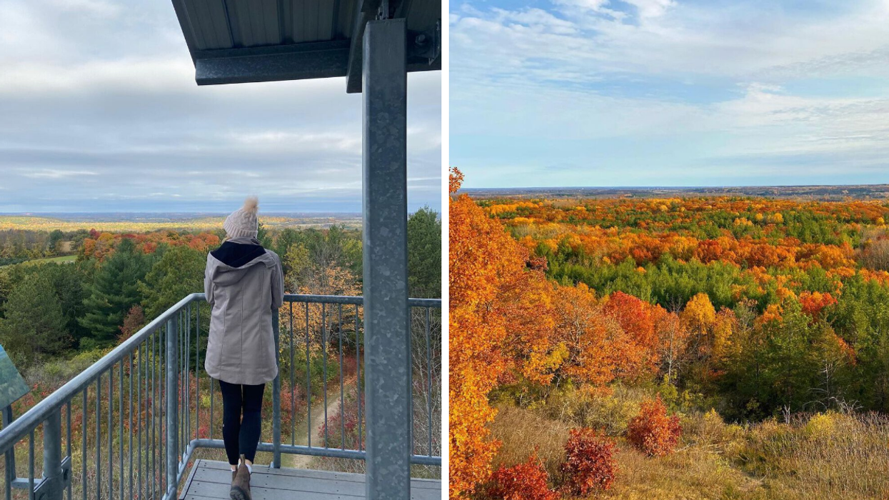 Woman looking out over a valley from a lookout tower. Right: View of fall colours in Ontario.