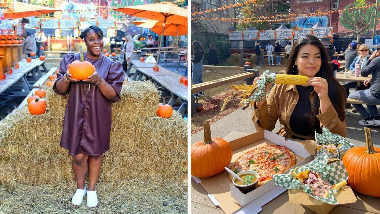Woman on a fall patio holding a pumpkin. Right: Woman sitting at a table eating corn.