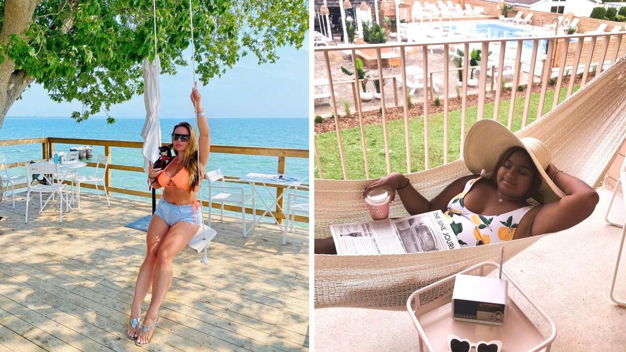 Woman on a swing by the water. Right: Woman in a hammock by the pool.