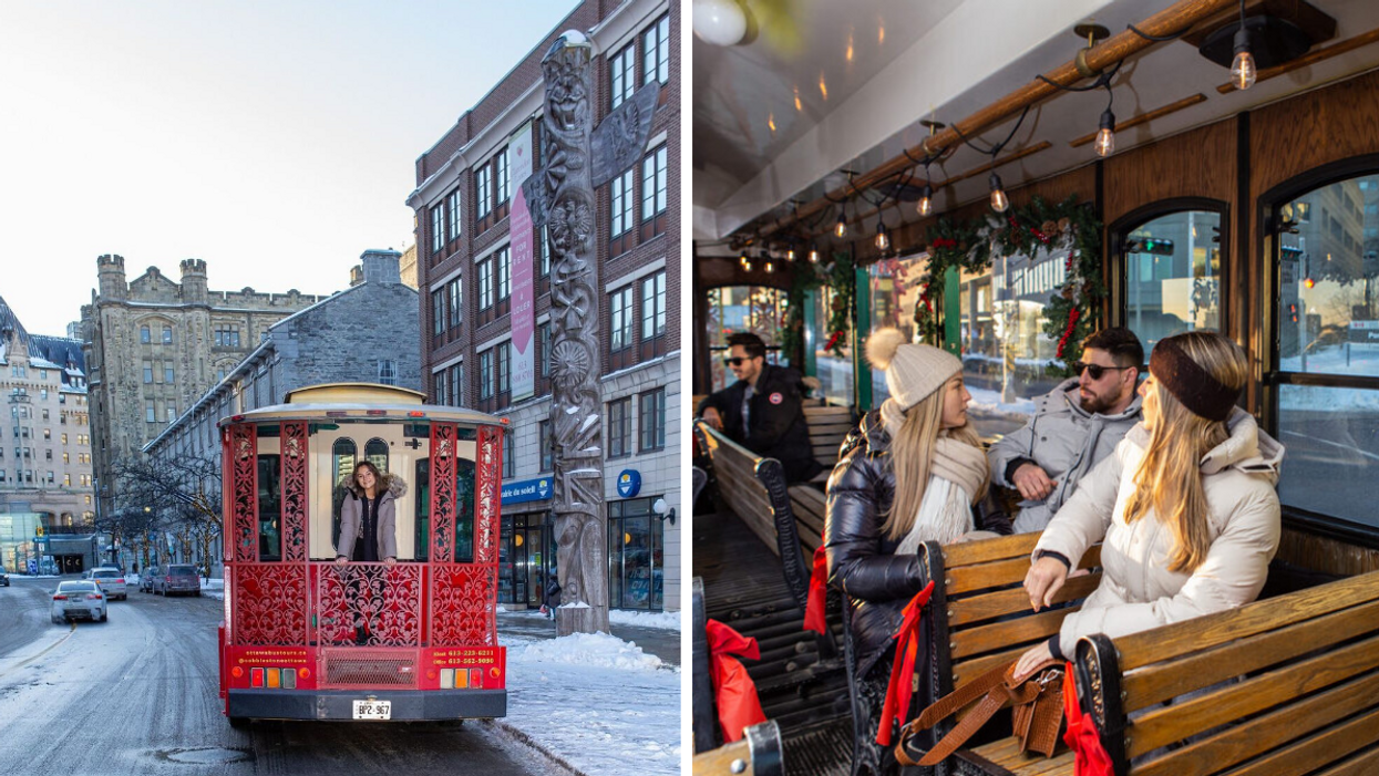 Woman on a vintage red trolley in Ottawa. Right: Friends inside a trolley bus.