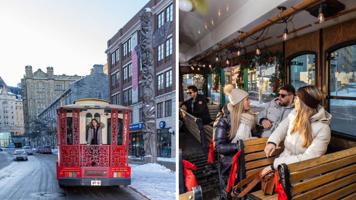 Woman on a vintage red trolley in Ottawa. Right: Friends inside a trolley bus. 