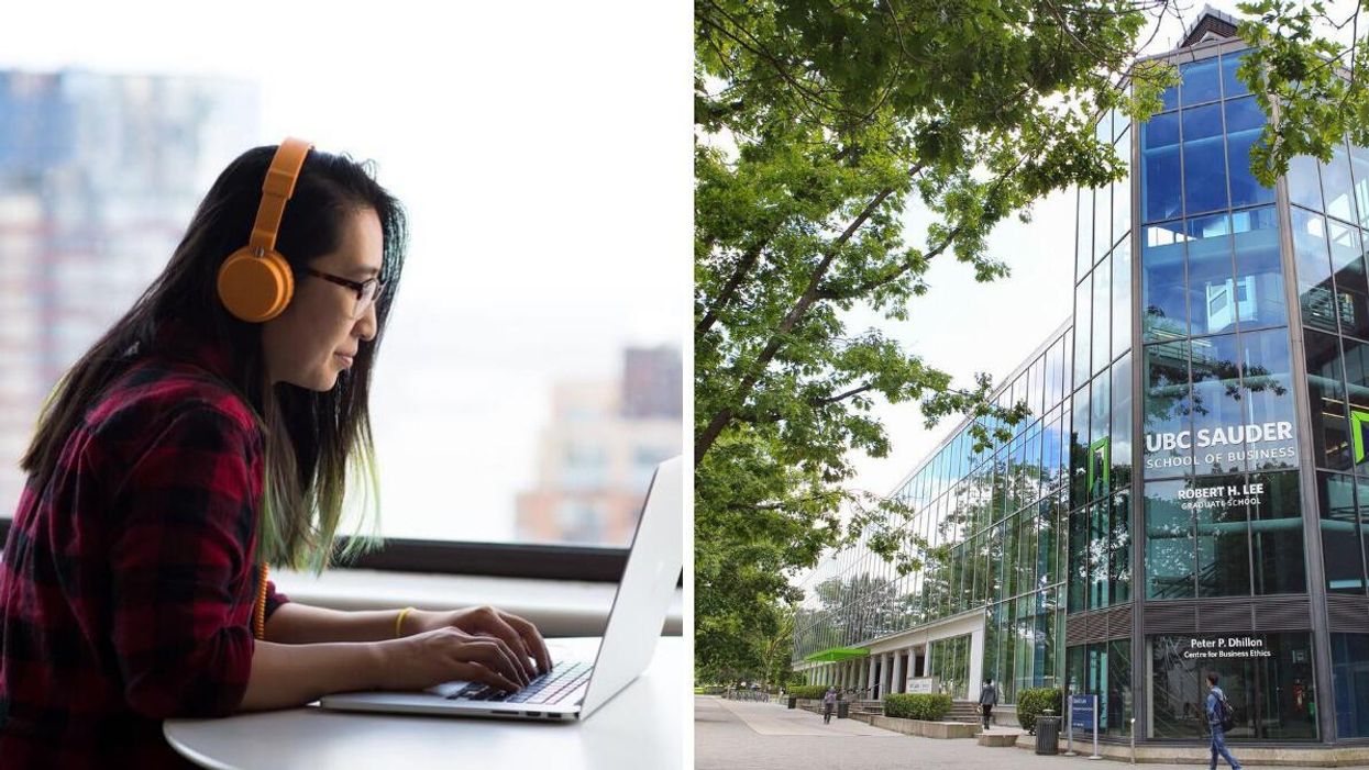 Woman on laptop. Right: UBC Sauder School of Business.