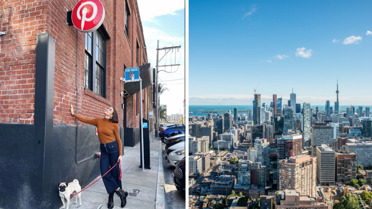 Woman outside of Pinterest office. Right: Toronto city skyline.