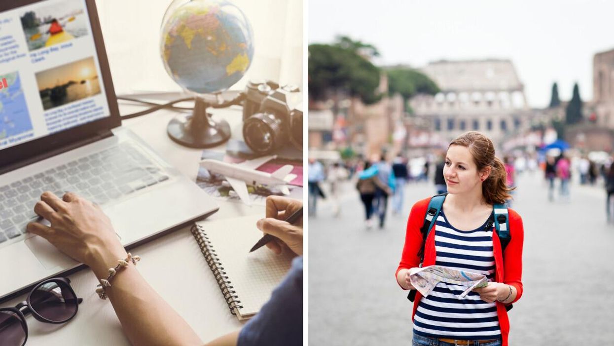 Woman planning a vacation. Right: Young woman holding a map and walking around Rome.