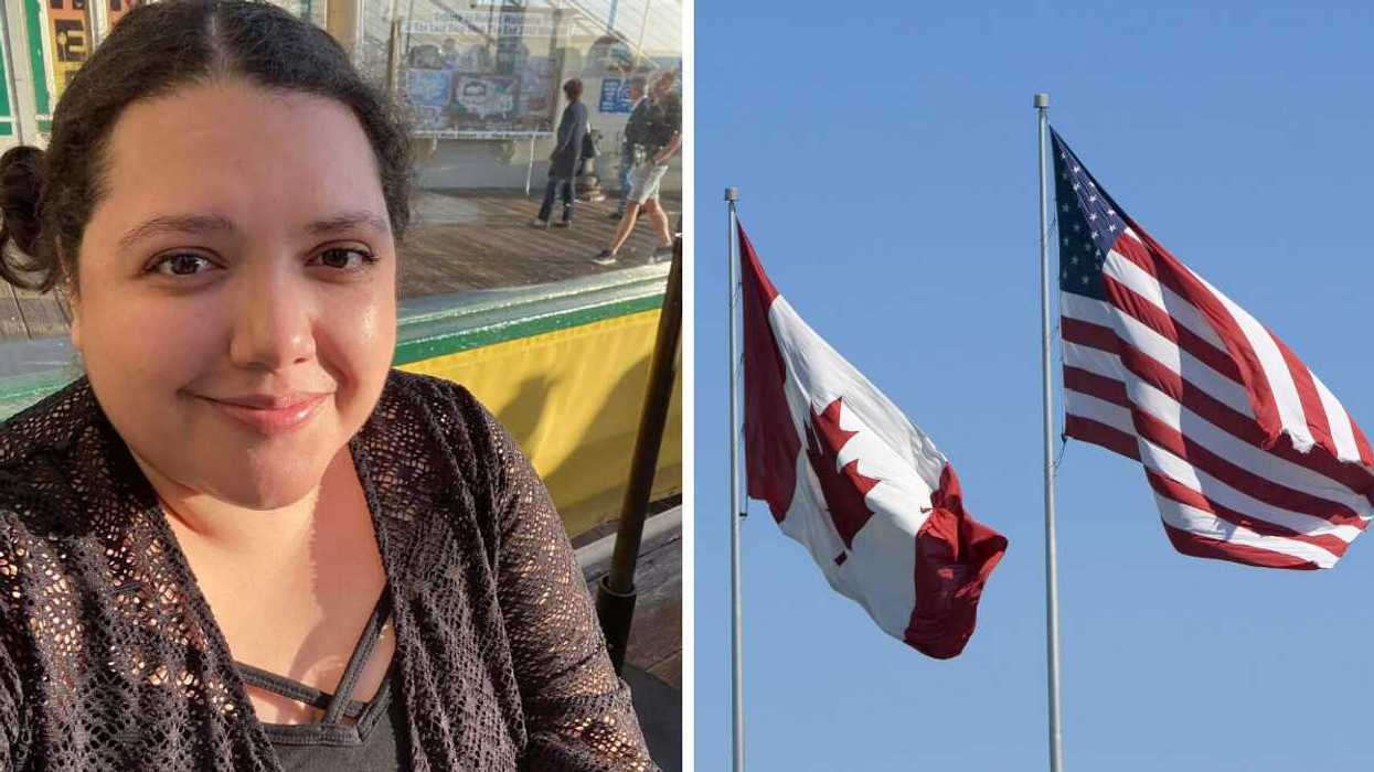 Woman poses for a selfie. Right: Canadian and US flags.