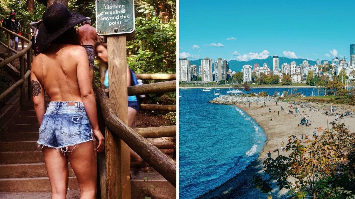Woman poses with "clothing required beyond this point" sign. Right: Aerial view of Vancouver beach on sunny day.