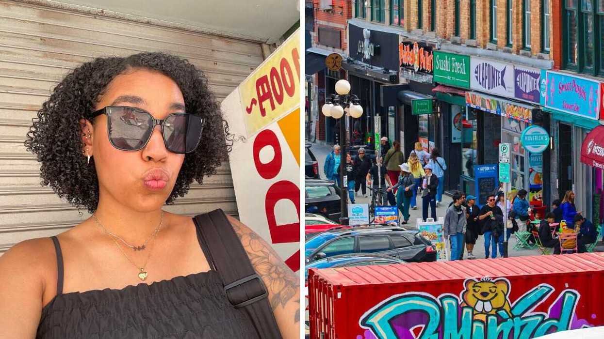 Woman posing for a selfie, Right: A scenic view of the ByWard Market in Ottawa.