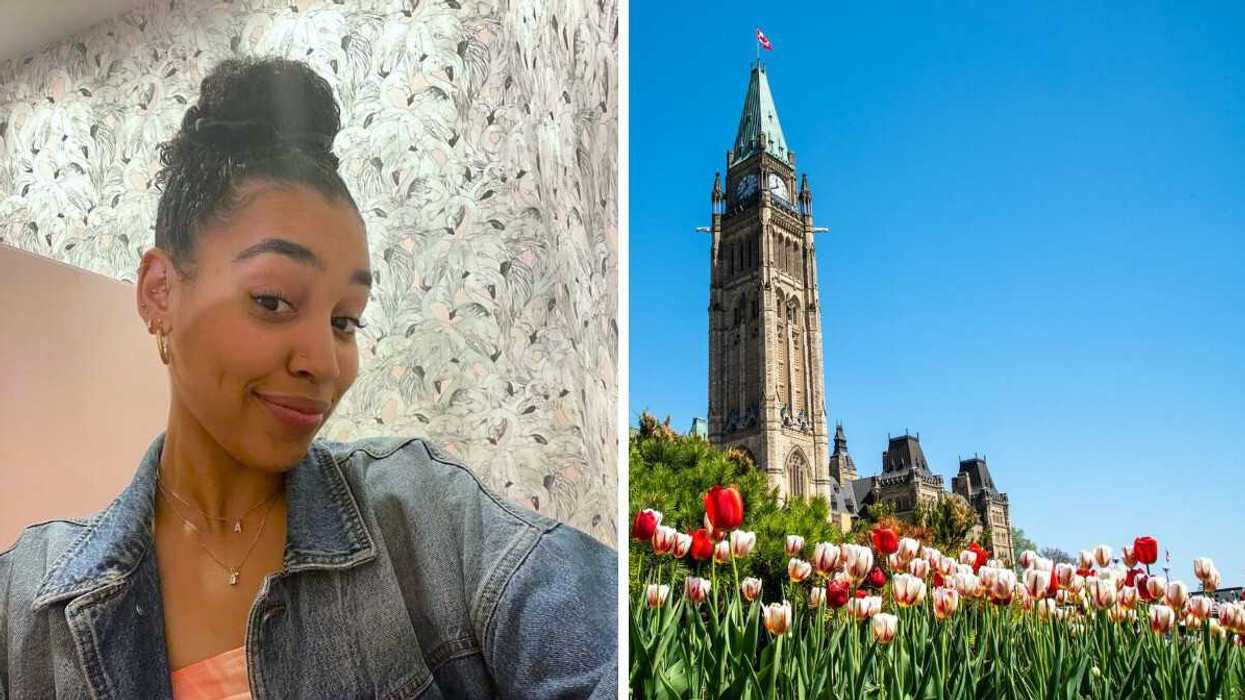 Woman posing for a selfie, Right: Parliament Hill in Ottawa with tulips in full bloom in the foreground.