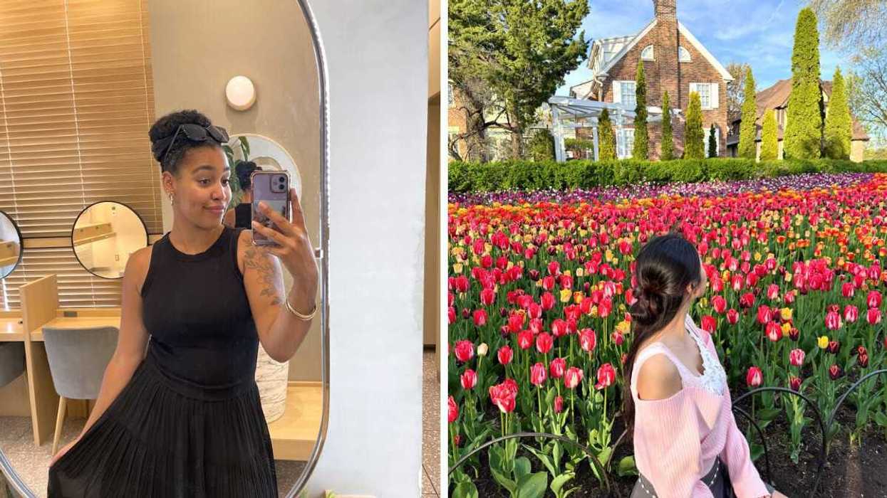 Woman posing in front of a mirror. Right: A woman sitting in front of tulips with houses in Ottawa's Glebe neighbourhood in the background.