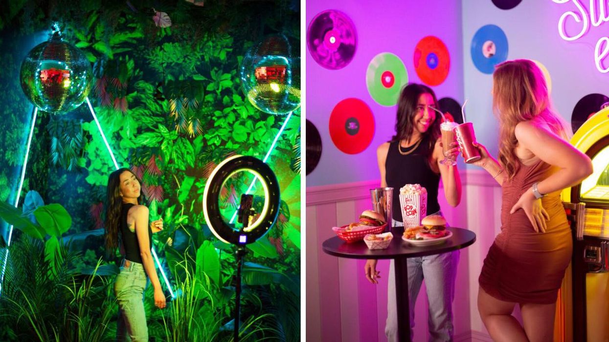 Woman posing in front of a ring light. Right: Two women eating fast food.