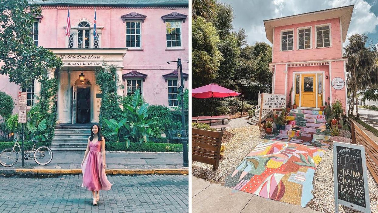 Woman posing in front of The Olde Pink House. Right: A cute pink house.