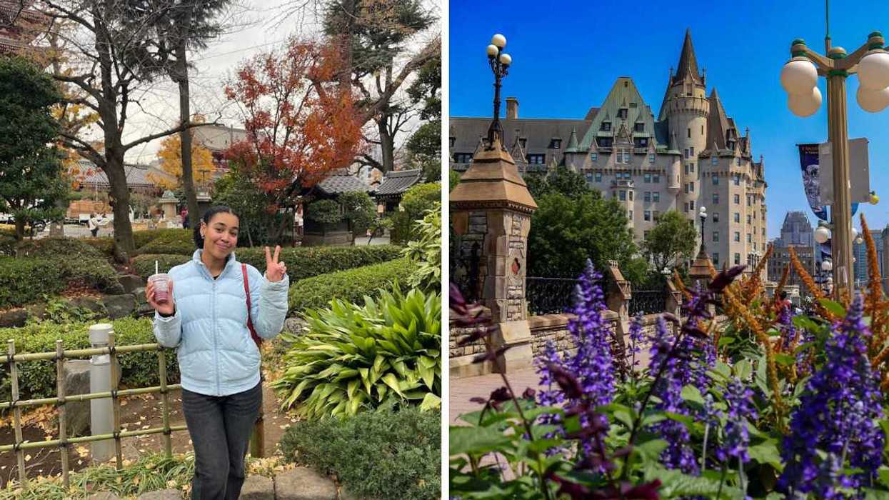 Woman posing with a peace sign outdoors, Right: Château Laurier in Ottawa with purple flowers in the foreground.