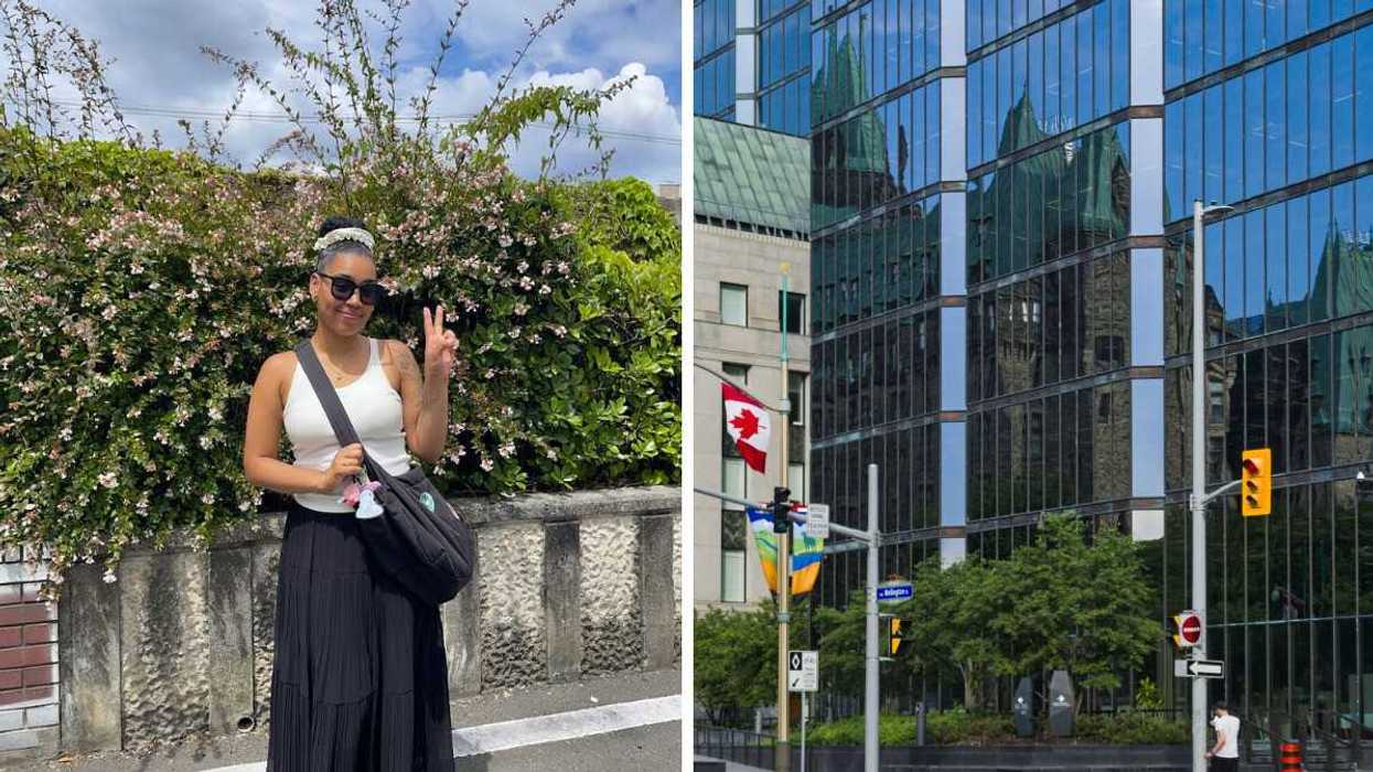 Woman posing with a peace sign, Right: Glass office building in Ottawa reflecting historic architecture with Canadian flags.