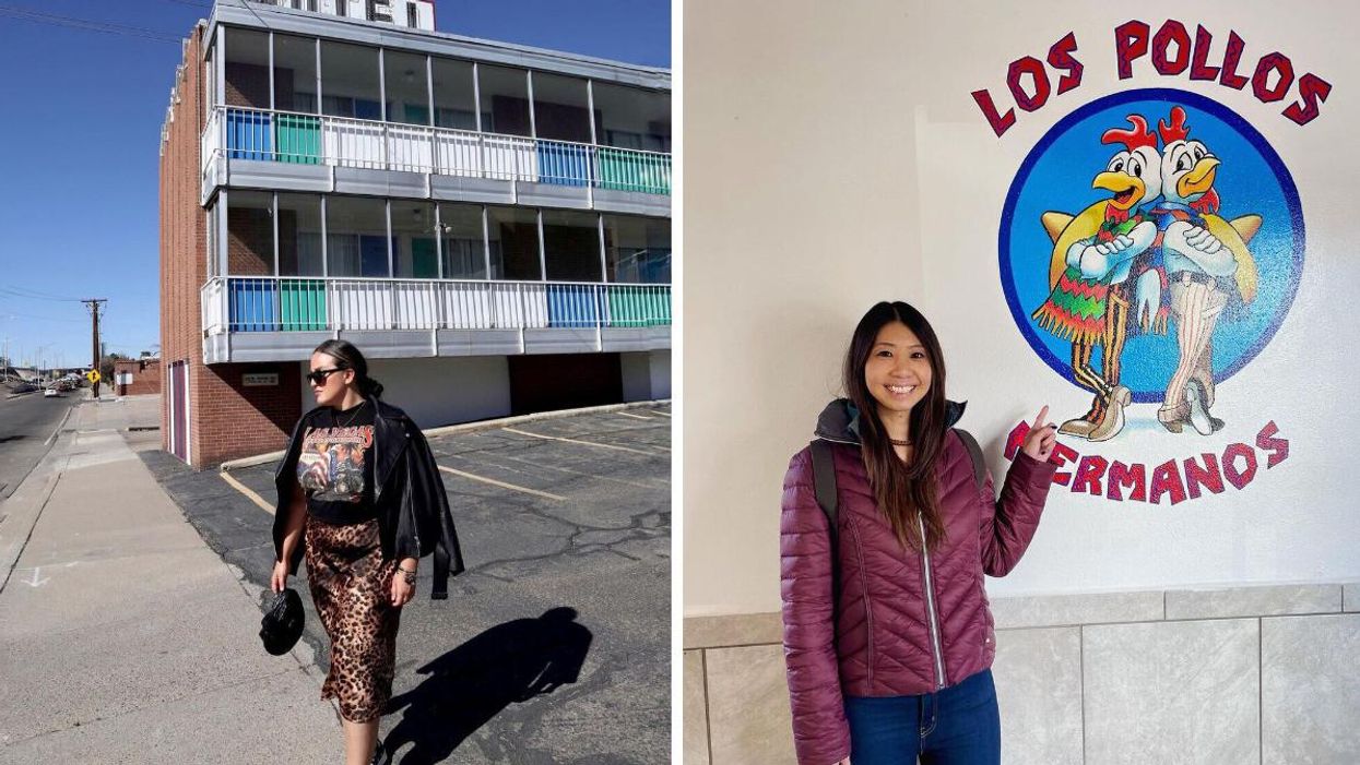 Woman posting in front on the Crossroads Motel. Right: A woman smiling at Los Pollos Hermanos.