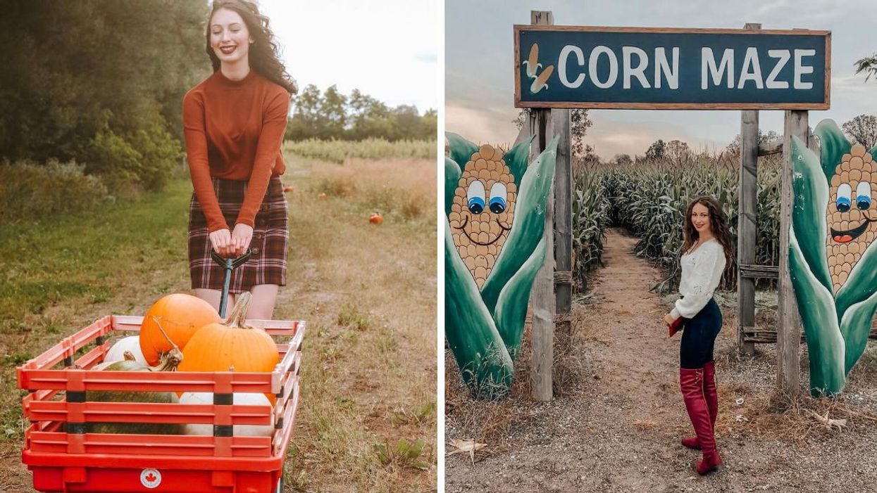 Woman pulling a wagon full of pumpkins. Right: Woman standing by a corn maze.