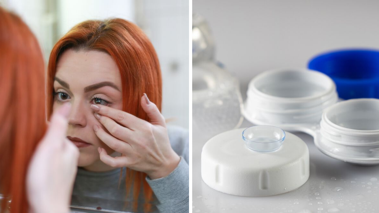 Woman putting contacts in. Right: Contact lenses and case.