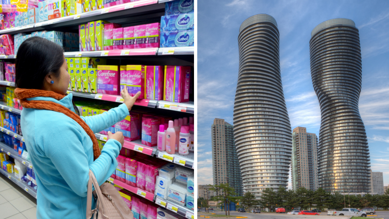 Woman reaching for mental products on a shelf. Right: Condos in Mississauga.