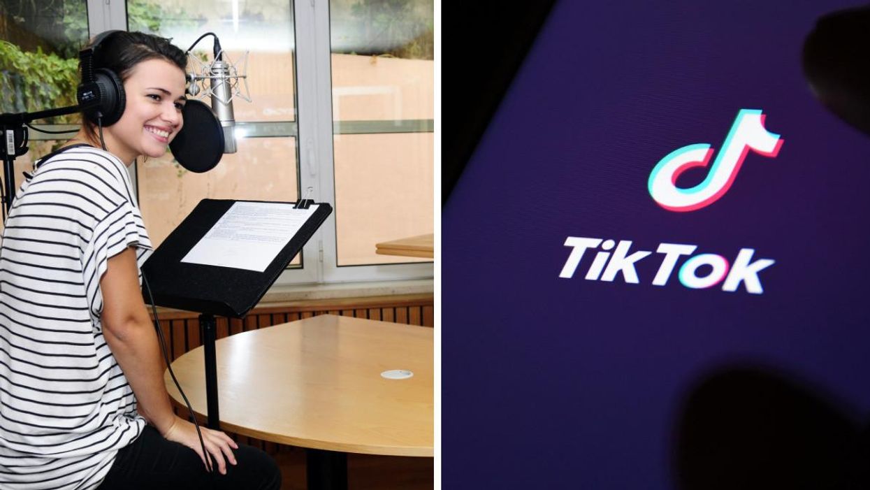 Woman recording her voice. Right: A phone screen showing TikTok.