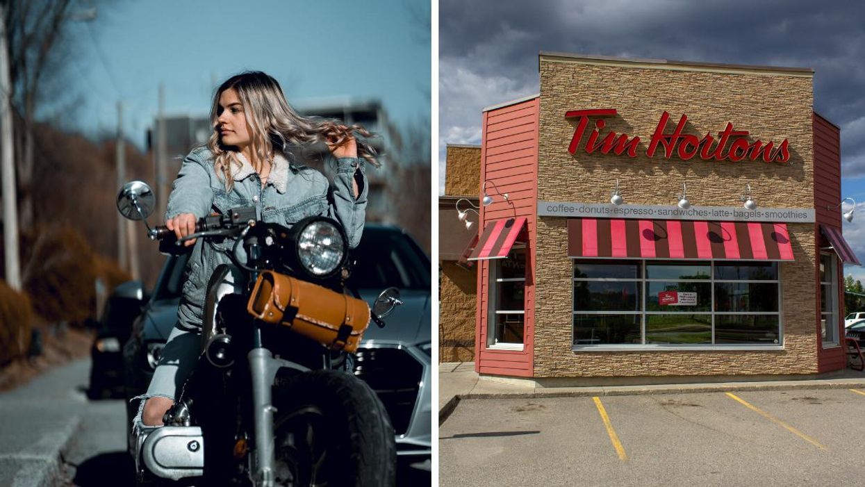 Woman riding on a motorcycle. Right: a Tim Hortons in Canada.