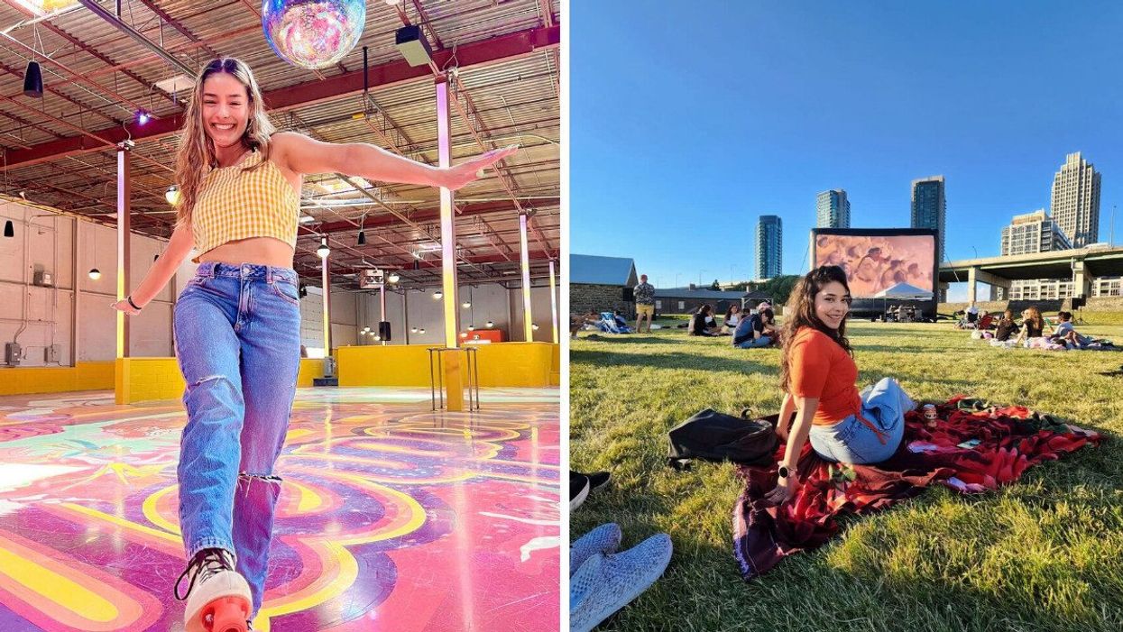 Woman roller skating. Right: Woman sitting in an outdoor movie theatre.