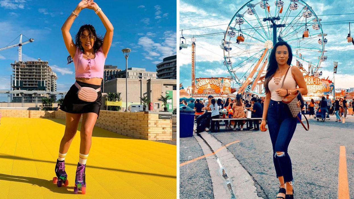 Woman rollerskating on a yellow path. Right: Woman at the CNE in Toronto, Ontario.