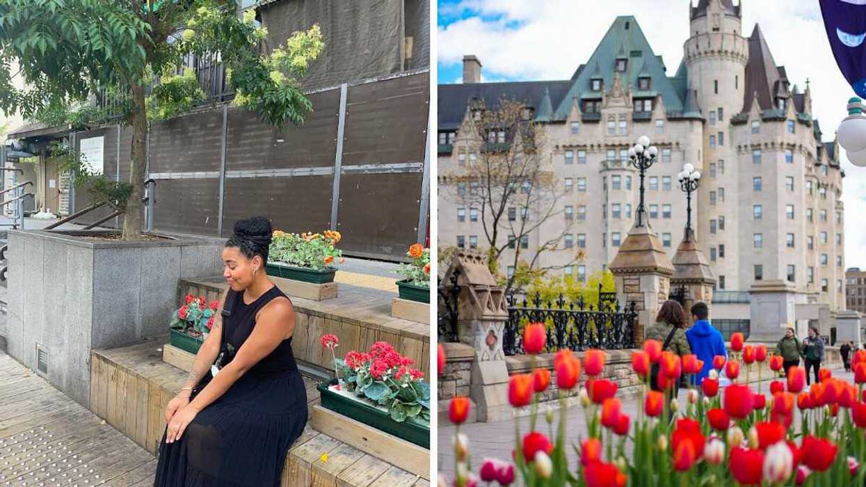 Woman seated on a wooden bench outdoors, Right: The Château Laurier in Ottawa with tulips in the foreground.