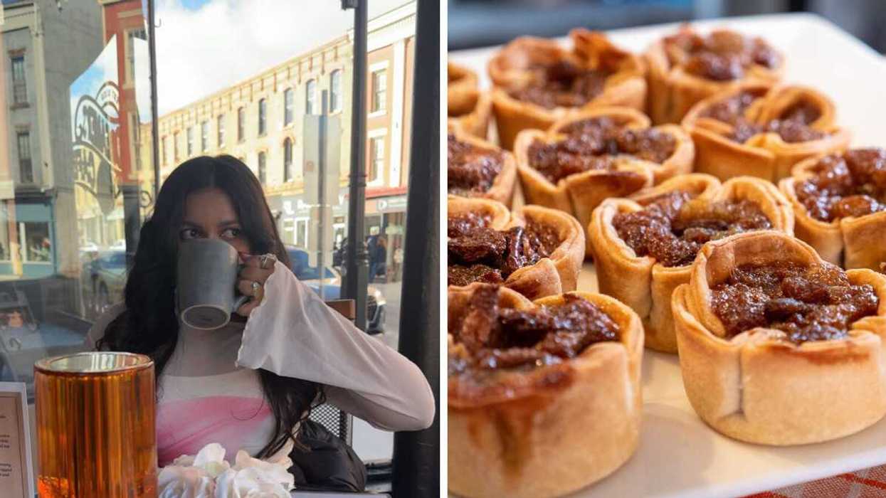 Woman sipping coffee beside a window. Right: Butter tarts on a plate.