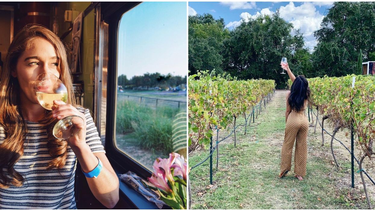 Woman sipping wine glass by a train window. Right: Woman lifting a glass of wine in the air on a vineyard.