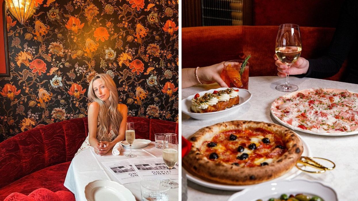 Woman sitting at a restaurant. Right: Table with pizza and other dishes.