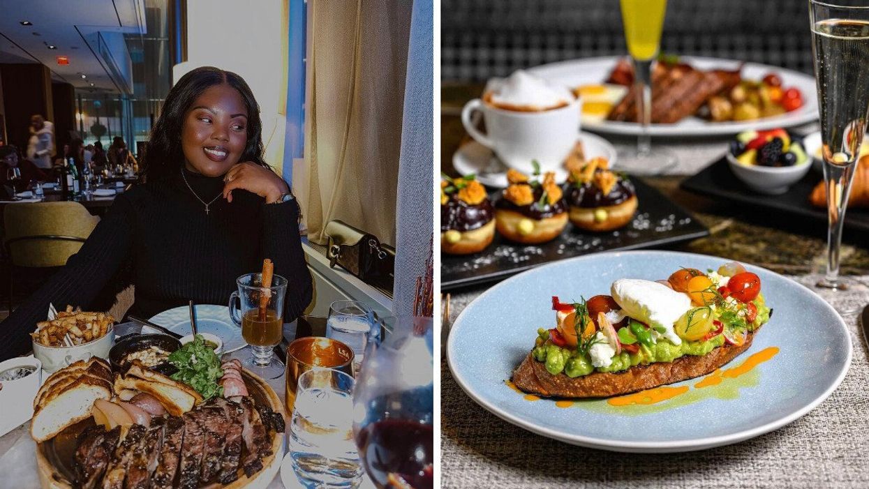 Woman sitting at a restaurant. Right: Toast with avocado.