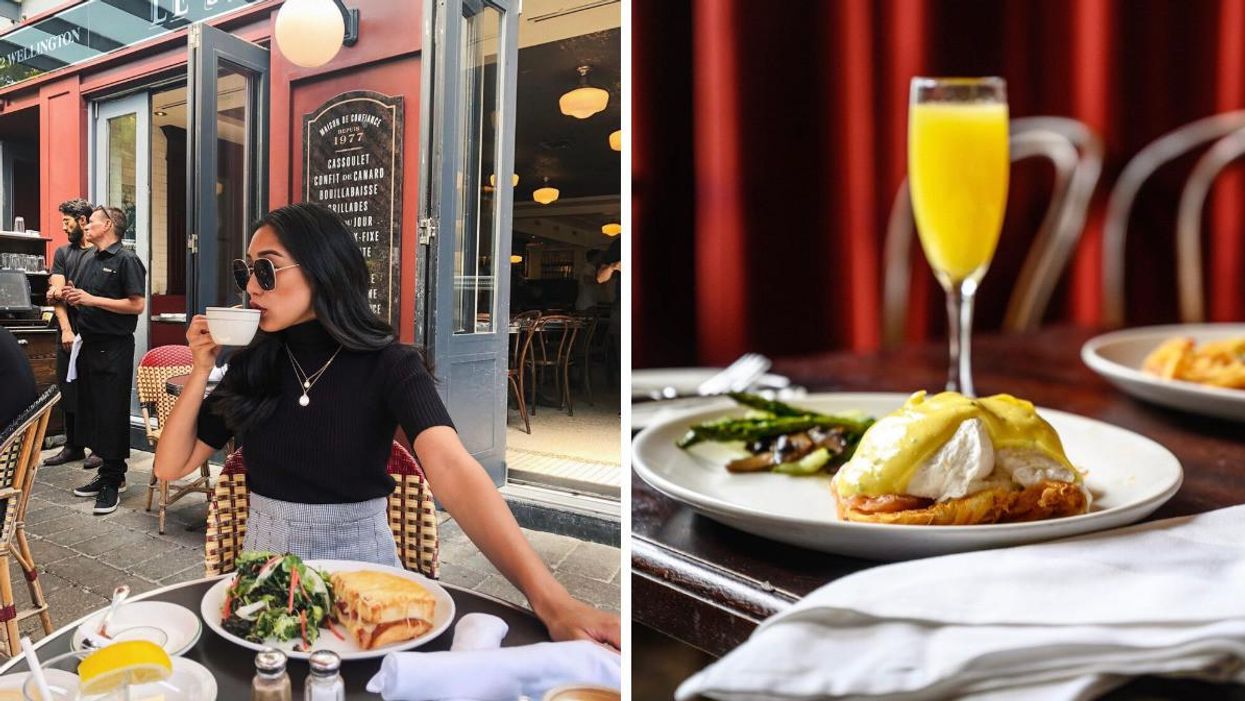 Woman sitting at a restaurant sipping a drink. Right: Brunch at Le Sélect Bistro.