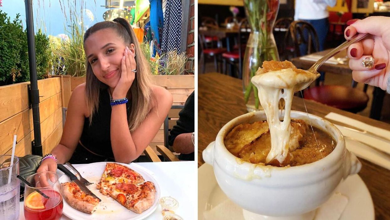 Woman sitting at a restaurant with pizza. Right: Spoon covered in gooey cheese.