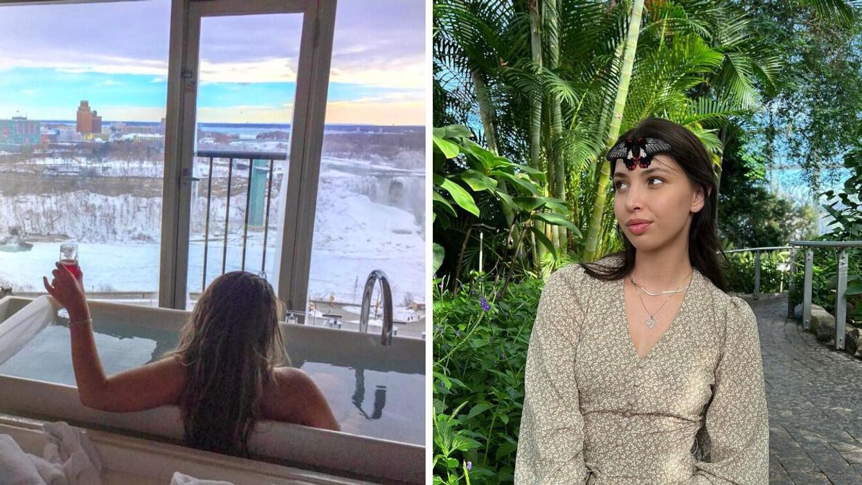 Woman sitting at a spa overlooking the Falls. Right: Woman with a butterfly on her head.