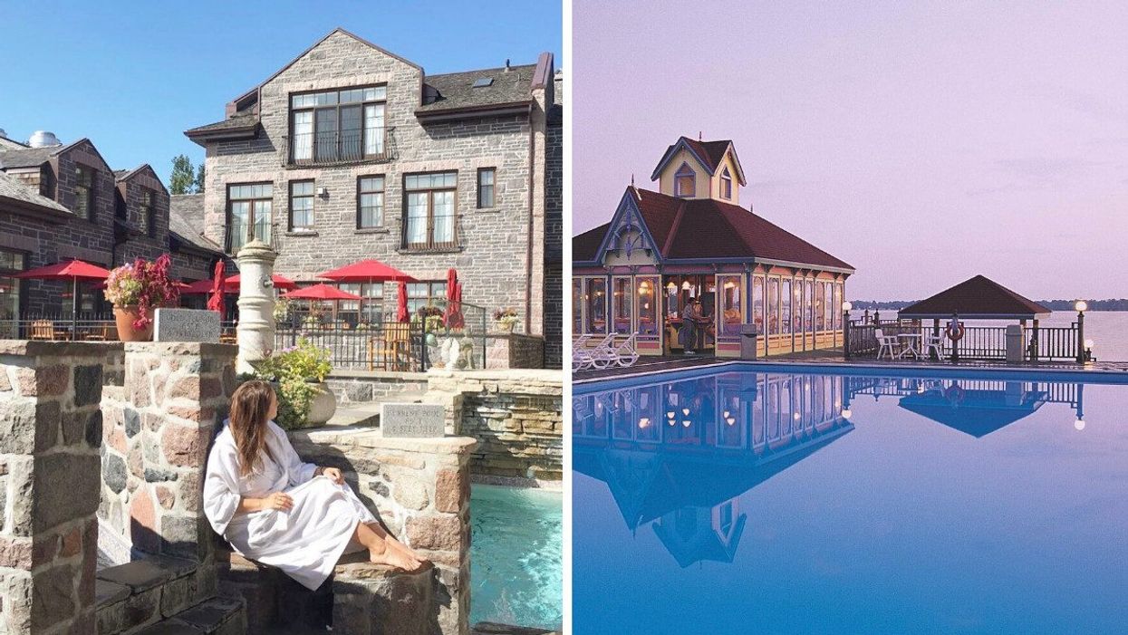 Woman sitting at a spa. Right: Pool and lake.